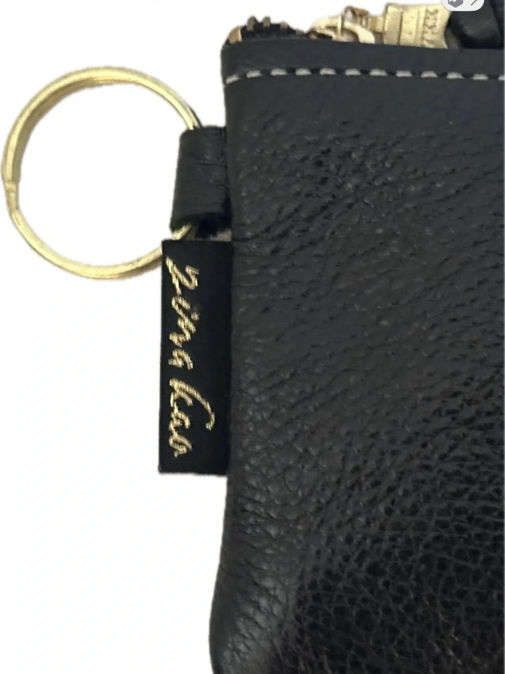 Zina Kao Gold Lightning Bolt Black Leather Coin Pouch Keyring